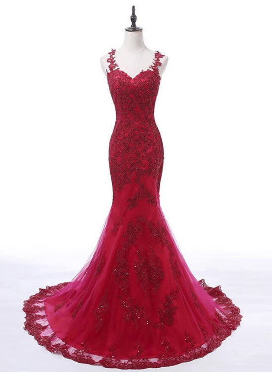 Dark Red Round Neckline Mermaid Tulle and Applique Formal Gowns, Merma ...