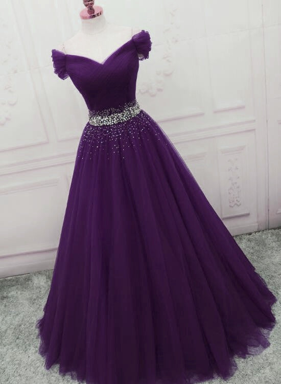 Charming Dark Purple Tulle Long Off the Shoulder Party Dress, Long Pro – Cutedressy