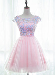 Pink Tulle Cute Girls Party Dresses, Lovely Short Round Neckline with Flowers Party Dresses