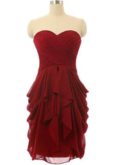 Dark Red Sweetheart Chiffon Short Bridesmaid Dress with Cascade Skirt, Wine Red Bridesmaid Dress