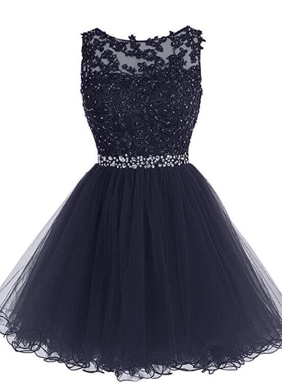 Navy Blue Tulle Homecoming Dress , Cute Tulle Handmade Formal Dress, Knee Length Party Dress