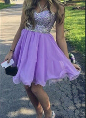 Beautiful Lavender Chiffon Sweetheart Beaded Knee Length Homecoming Dresses, Beaded Graduation Party Dress