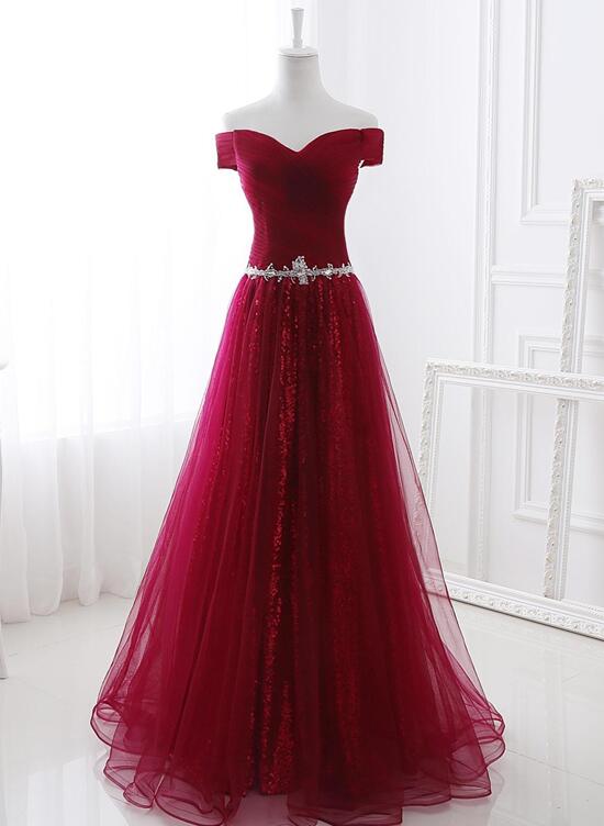 Wine Red Sweetheart Tulle and Sequins Long Formal Gowns, Off Shoulder Party Dresses