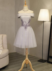 Light Grey Formal Dress, Off Shoulder Knee Length Prom Dress, Party Dress