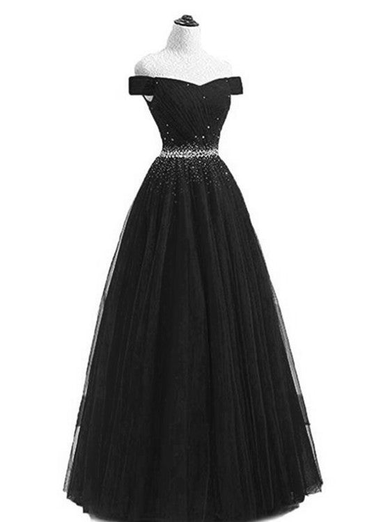 Black Tulle Bridesmaid Dress, Beaded Prom Dress , Black Party Dress, Lace-up Back Prom Dress