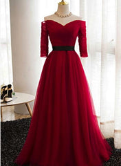 Dark Red Tulle Off Shoulder Floor Length Wedding Party Dress, Elegant Junior Prom Dress