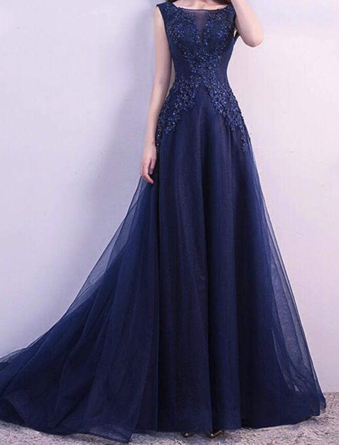 Navy Blue Round Neckline Tulle with Applique Handmade Lace-up Evening Gowns, Blue Prom Dresses
