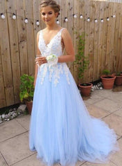 Light Blue Tulle with White Lace Applique Floor Length Party Dress, Elegant Senior Prom Dress