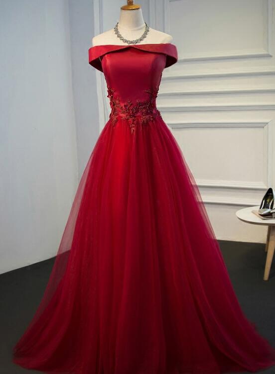 Beautiful Wine Red Off Shoulder Tulle and Satin Party Gowns, Dark Red Prom Dress