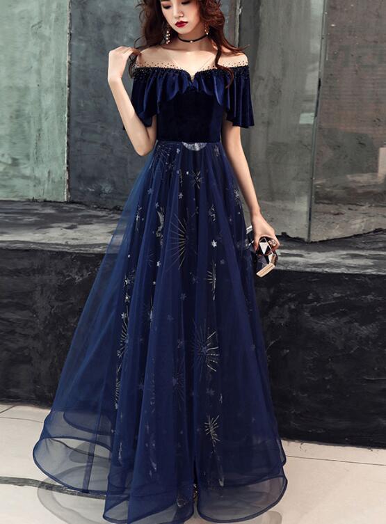 Elegant Velvet Bodice Tulle Long Formal Dress, Navy Blue Party Dress Cutedressy Elegant Velvet Bodice Tulle Long Formal Dress, Navy Blue Party Dress Cutedressy