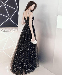 Charming Black Straps Long Party Dress, V-neckline Prom Dress