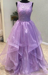 Lavender Open Back Organza Long Prom Dresses, Party Gowns, Fashionable Prom Gown