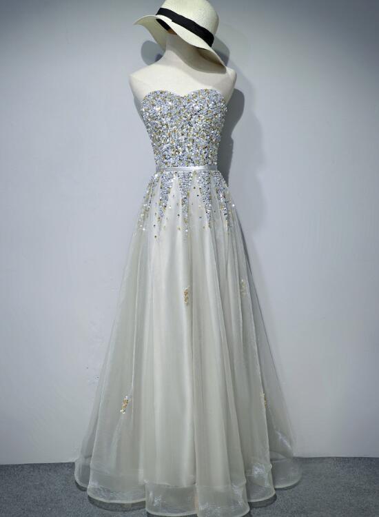 Beautiful Grey Tulle Beaded Sparkle Lace-up Evening Dresses, Party Dress, Long Formal Dresses