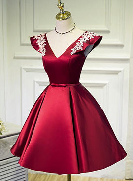 Wine Red Cap Sleeves Short Party Dresses, Satin Formal Dresses, Cute Party Dresses