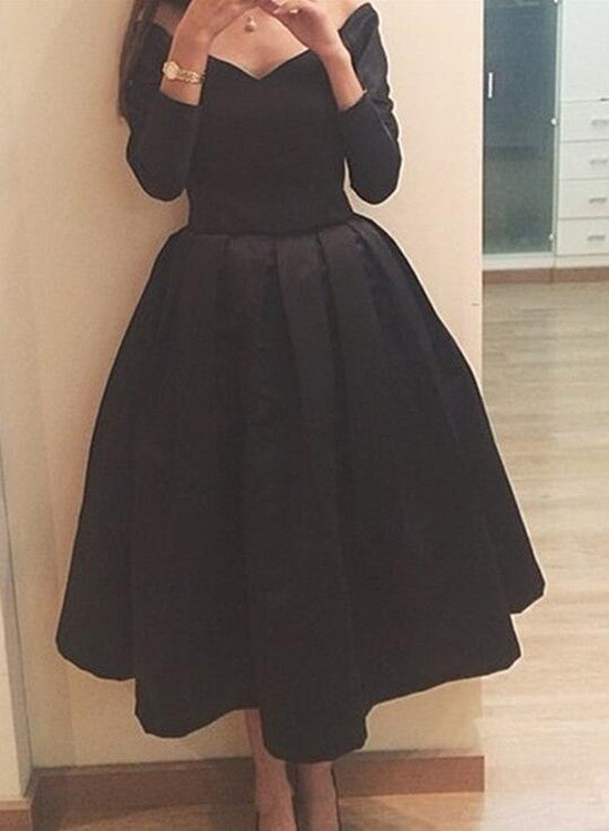 Black Tea Length Satin Beautiful Evening Dress, Lovely Satin Ball Formal Dress