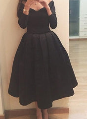 Black Tea Length Satin Beautiful Evening Dress, Lovely Satin Ball Formal Dress
