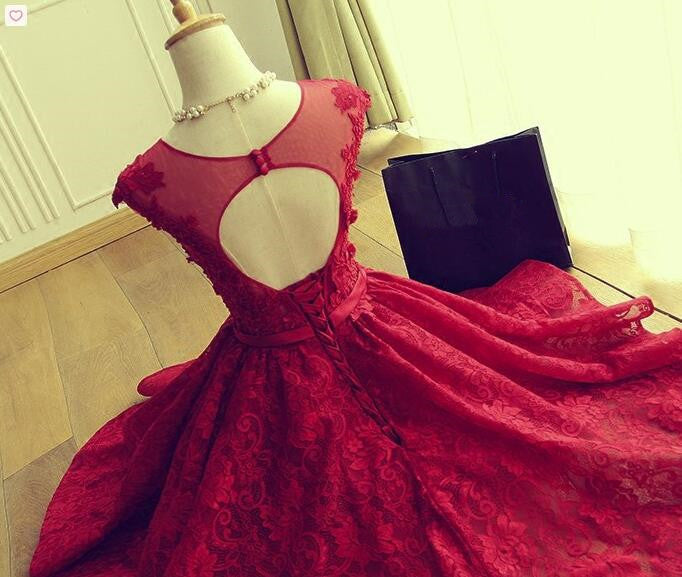 Wine Red Lace Knee Length Round Neckline Party Dress, Cute Homecoming Dresses Wine Red Lace Knee Length Round Neckline Party Dress, Cute Homecoming Dresses