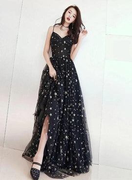 Charming Black Straps Long Party Dress, V-neckline Prom Dress