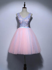 Tulle Cute Pink and Blue V-neckline Party Dresses, Homecoming Dresses