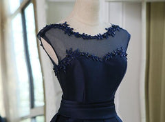 Beautiful Navy Blue Satin High Low Formal Dress, Dark Blue Homecoming Dress