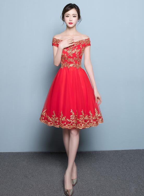 red off shoulder tulle homecoming dress
