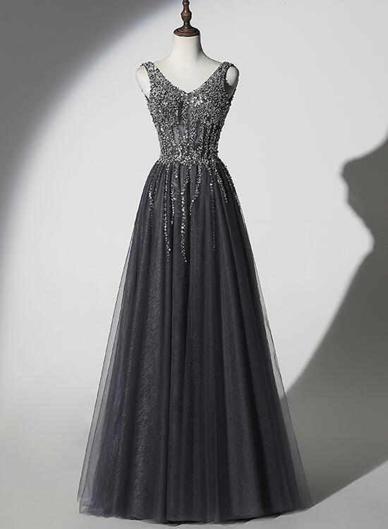 grey beaded long formal dress