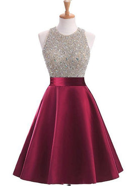 Fashion Knee-Length Open Back Satin Homecoming Dress with Beading, Short Party Dress