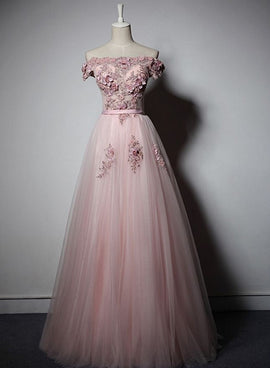 pink off shoulder long prom dress