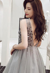 Fashionable Grey Beaded Tulle V-neckline Short Party Dress, Grey Homecoming Dress