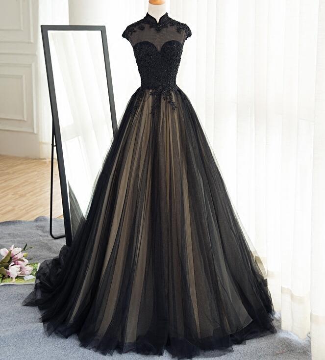Beautiful Black Prom Dresses High Neck Sweep Train Prom Dress, Black P Cutedressy Beautiful Black Prom Dresses High Neck Sweep Train Prom Dress, Black P Cutedressy