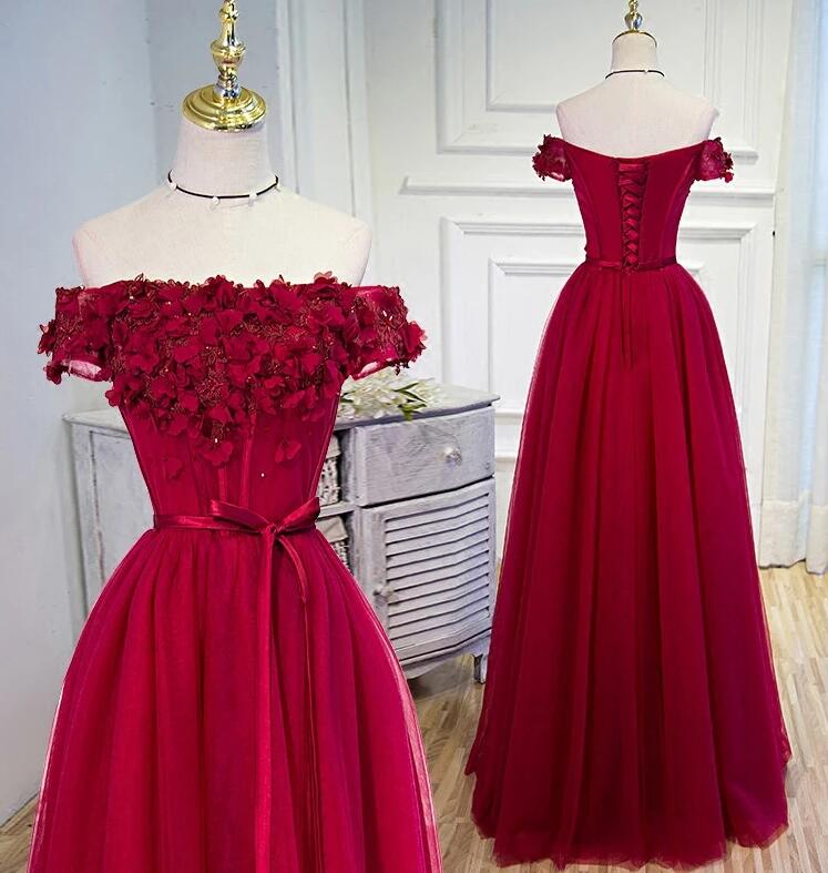 Burgundy Tulle Flowers Flower Prom Dress， Off the Shoulder Long Bridesmaid Dress