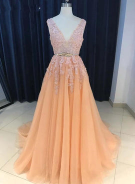 Charming Prom Dresses V-neck Gold Sash,  A-line Sweep Train Long Evening Dress