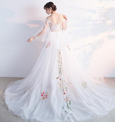 Beautiful White Tulle Long Party Dress with Flower Lace Applique, White Evening Gown