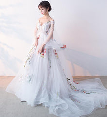 Beautiful White Tulle Long Party Dress with Flower Lace Applique, White Evening Gown