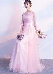 Beautiful Pink Tulle with Lace 1/2 Sleeves Party Dress, Pink Long Bridesmaid Dress