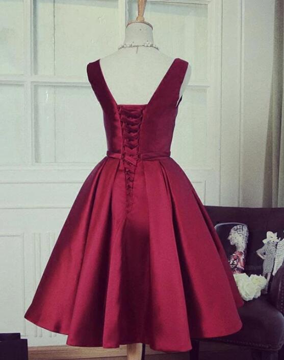 Wine Red Satin V-neckline Short Party Dress, Wine Red Homecoming Dress