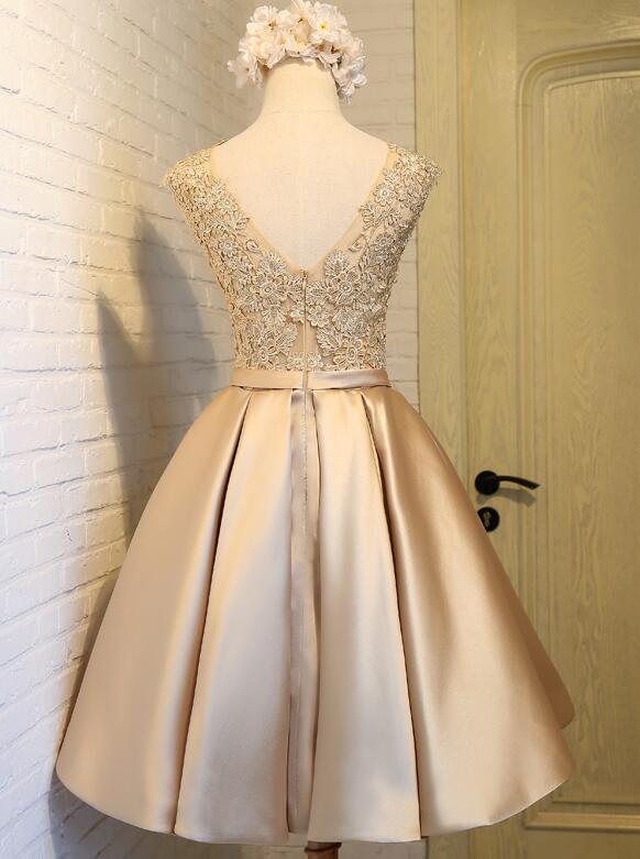 Lovely Satin Gold with Lace Knee Length Prom Dress, Short Party Dress Lovely Satin Gold with Lace Knee Length Prom Dress, Short Party Dress