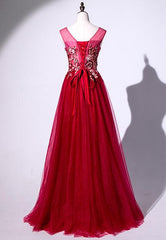 Beautiful Red Tulle A-line Long Prom Dress, Prom Dress  with Flower Applique