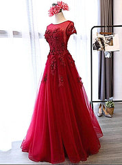 Beautiful Dark Red Tulle Cap Sleeves Long Party Dress, Red Party Dress