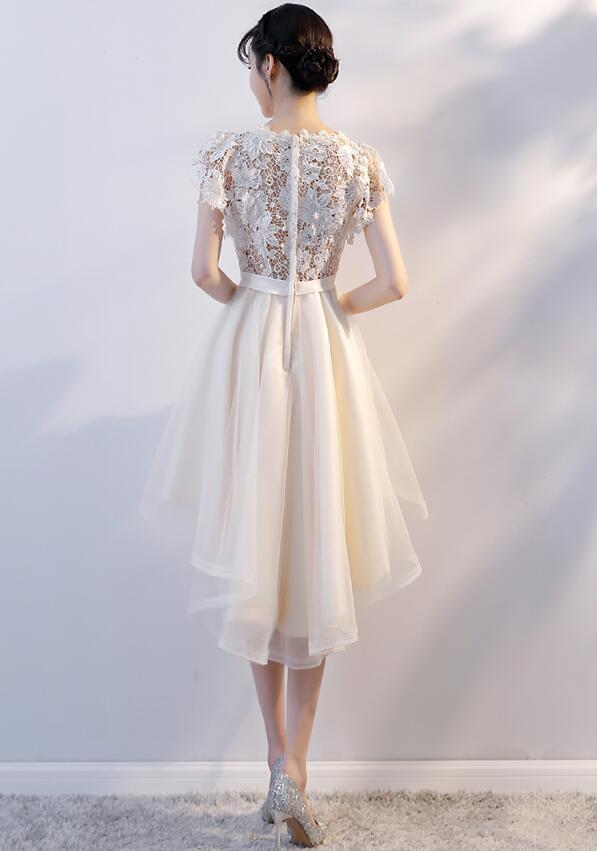 champagne lace dress tea length Beaded High Neck Champagne Floral Tea Length Dress Ohmollydress