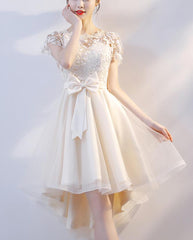 Lovely Champagne Lace High Low Party Dress, Cute Tulle Prom Dress