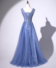Elegant Blue Beaded Tulle Long Junior Prom Dress, Sequins Prom Dress