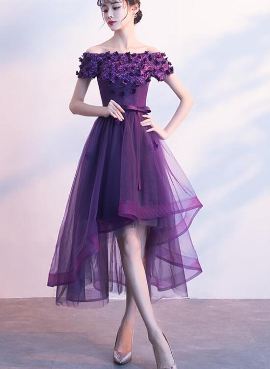 dark purple high low dress fitted lace wedding dress A Line V Neck Purple High Low Satin Prom Dresses, High Low