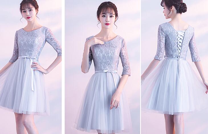 Light Grey Short Sleeves Lace and Tulle Party Dress, Simple Wedding Party Dress