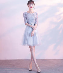 Light Grey Short Sleeves Lace and Tulle Party Dress, Simple Wedding Party Dress