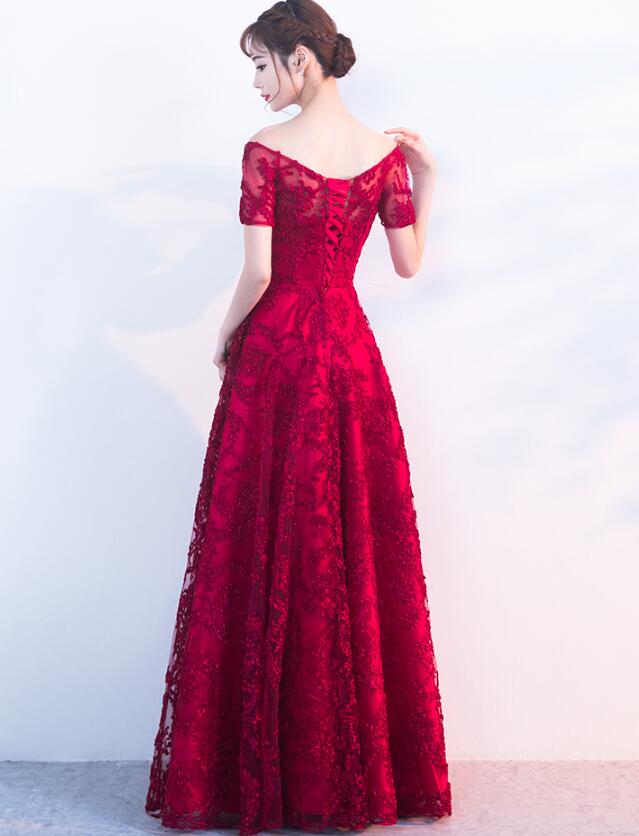 Beautiful Dark Red Lace A-line Long Bridesmaid Dress, Prom Dress 2020