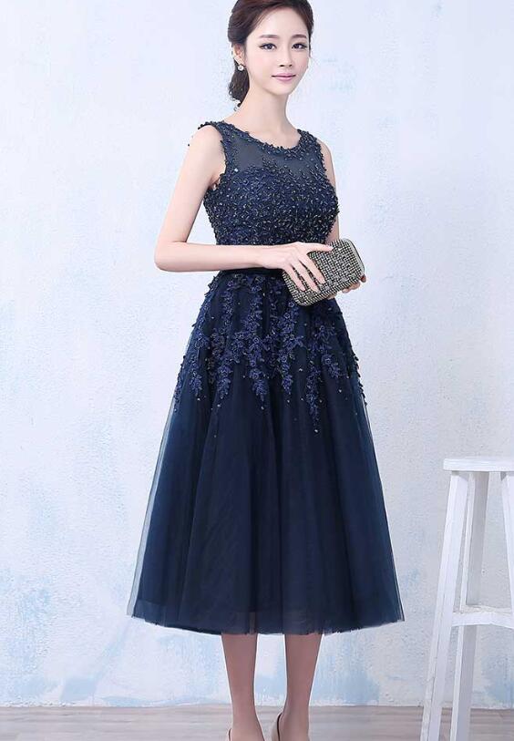 Elegant Vintage Style Tea Length Bridesmaid Dress, Navy Blue Party Dress