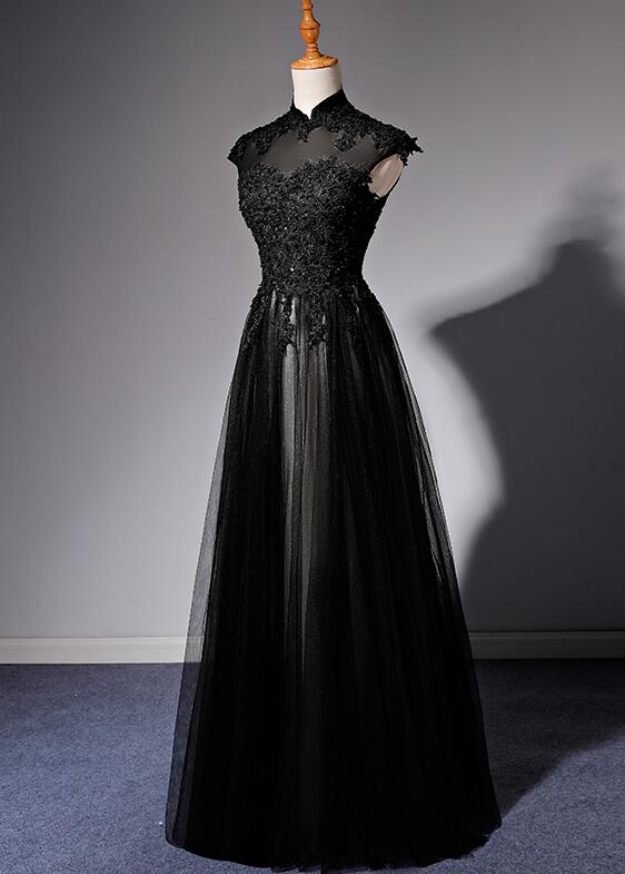 Elegant High Neckline Black Evening Dress, Tulle with Lace Applique Pr Cutedressy Elegant High Neckline Black Evening Dress, Tulle with Lace Applique Pr Cutedressy