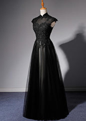 Elegant High Neckline Black Evening Dress, Tulle with Lace Applique Prom Dress