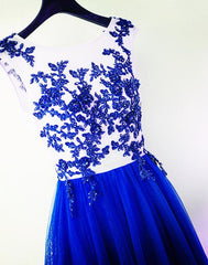 Charming Royal Blue Tulle Long Party Dress, Lace Applique Formal Dress